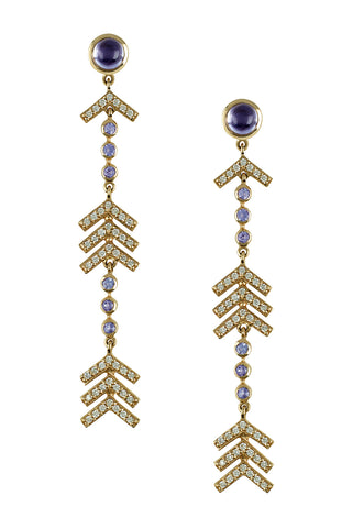 Long Arrow Earrings in 14K Yellow Gold with Pave Diamonds, Lolites & Tanzanites