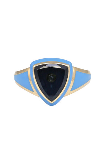 Sky Blue Enamel with Blue Tourmaline and Diamond Shield Ring