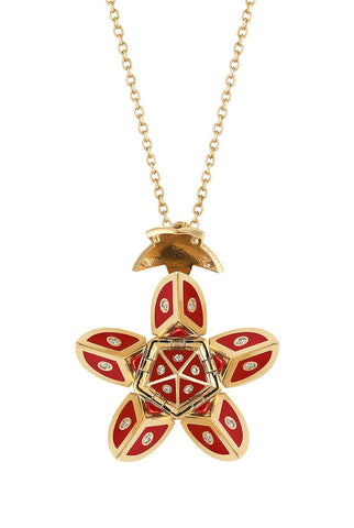 Yellow 14k Gold Petal Orb Necklace in Red Enamel set with Diamonds