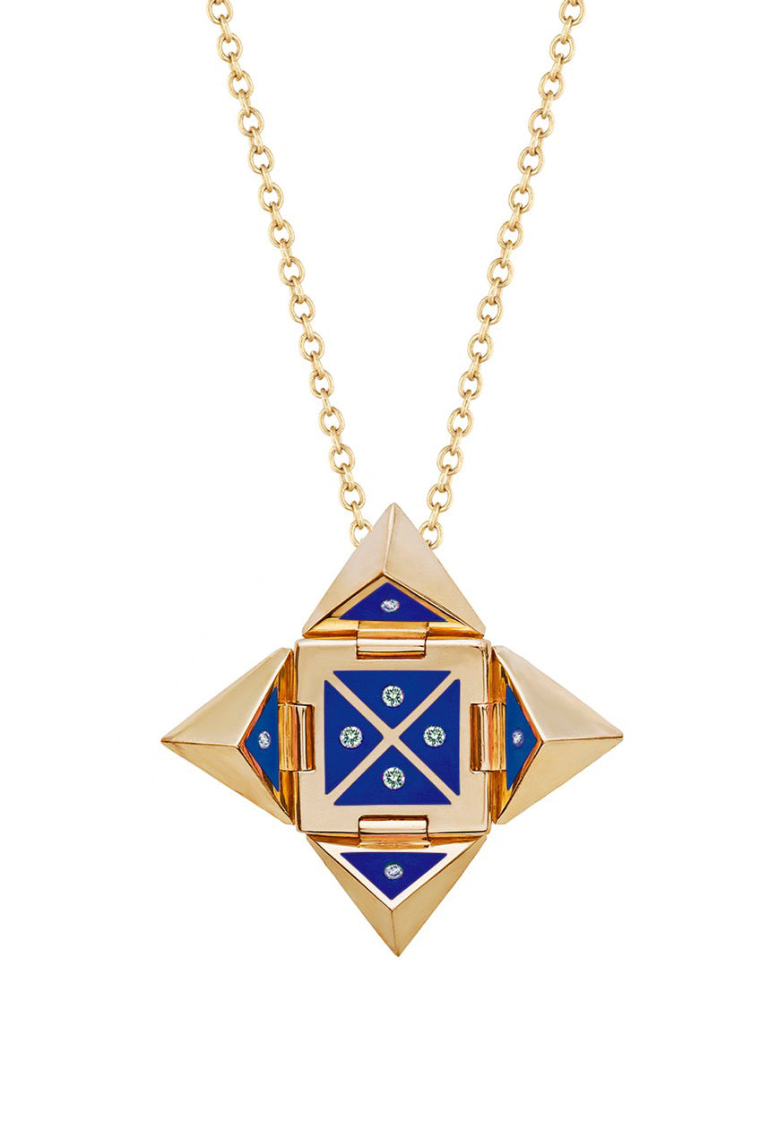 Yellow 14k Gold Shield Necklace in Blue Ceramic and Diamonds