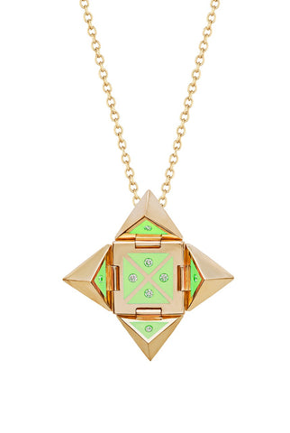 Yellow 14k Gold Shield Necklace in Lime Green Ceramic and Diamonds
