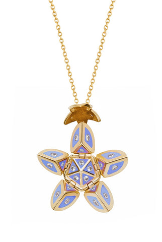 Yellow 18k Gold Petal Orb Necklace in Light Blue Enamel set with Diamonds