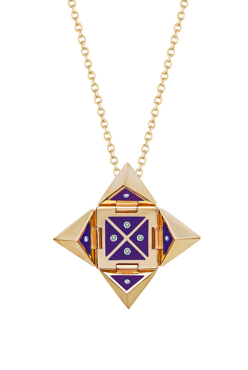 Yellow 18k Gold Shield Pendant Necklace in Purple Ceramic set with Diamonds