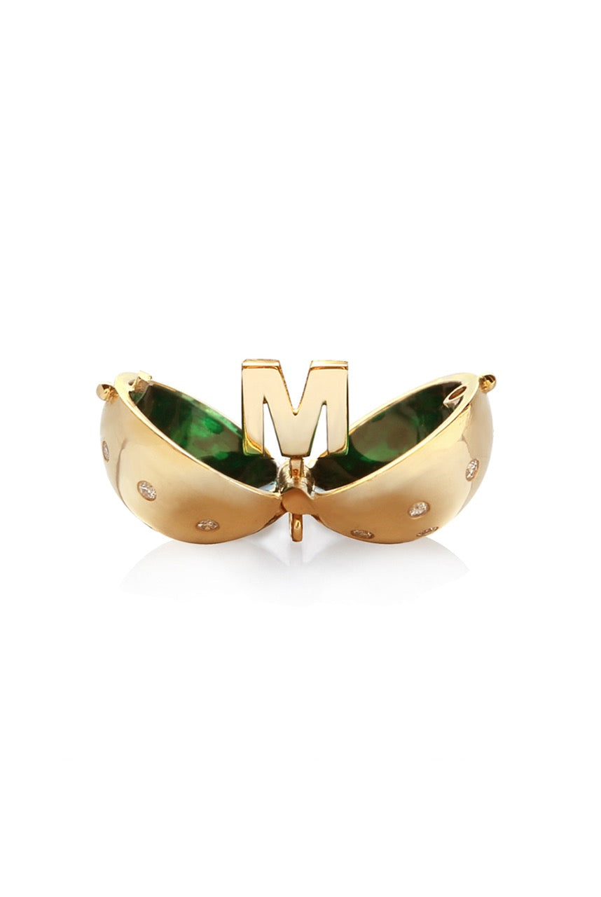 Letter M Signature Sphere Orb Necklace in 18k Yellow Gold with Diamonds and Green Enamel