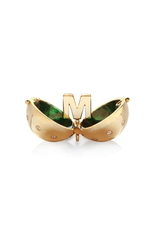 Letter M Signature Sphere Orb Necklace in 18k Yellow Gold with Diamonds and Green Enamel