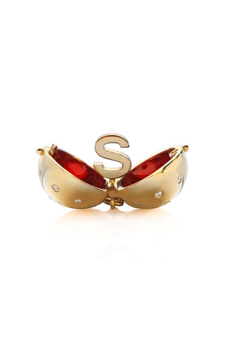 Letter S Signature Sphere Orb Necklace in 18k Yellow Gold with Diamonds and Red Enamel