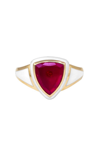 White Enamel with Ruby and Diamond Shield Ring