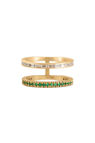Sandy Leong Emerald and Diamond Baguette Double Bar Ring
