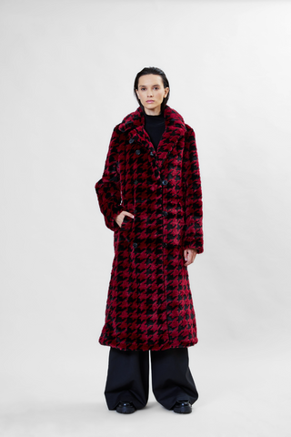 Catherine Houndstooth Coat Faux Fur in Bordeaux