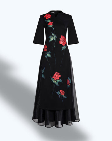 Roses-painted Bell Sleeve Contemporary Black Aodai