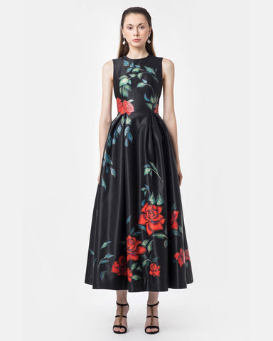 Rose Garden-painted  Sleeveless Black Gown Dress