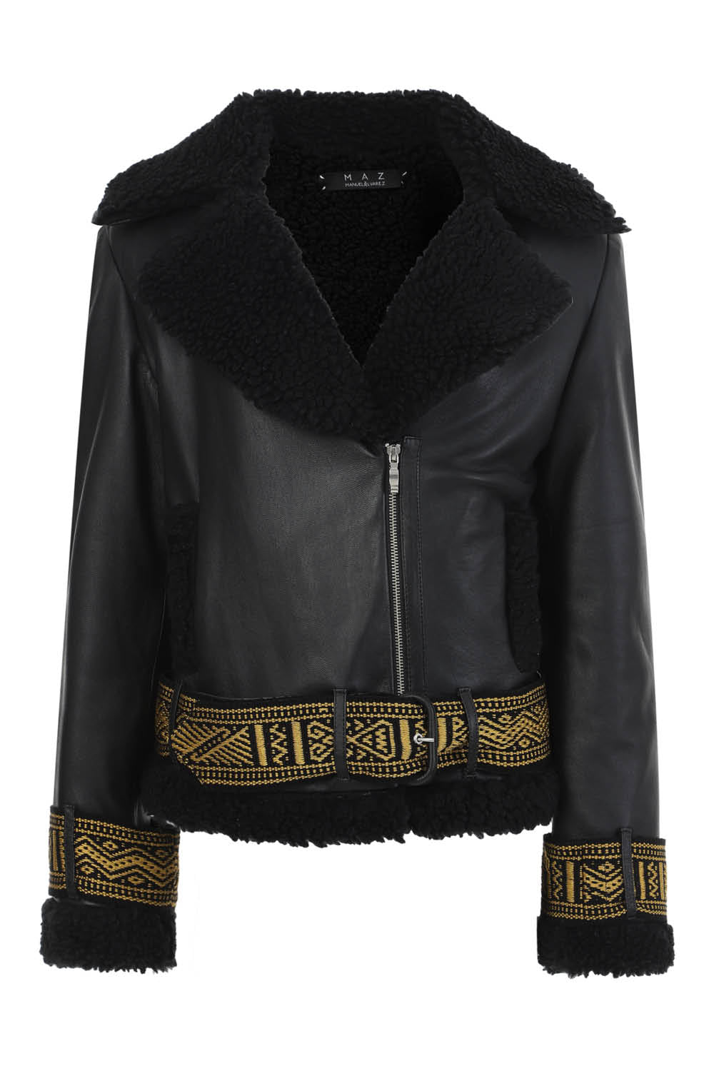 LEATHER CHUMBE JACKET IN BLACK / BLACK GOLD HANDCUFFS AND BELT
