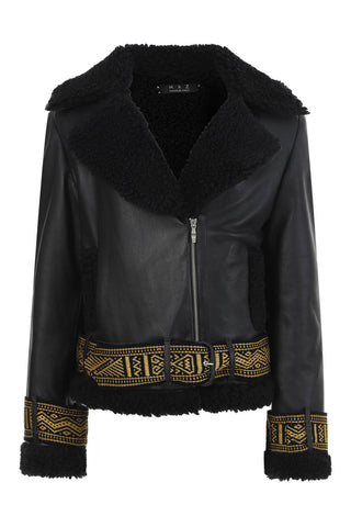 LEATHER CHUMBE JACKET IN BLACK / BLACK GOLD HANDCUFFS AND BELT