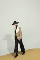 LEATHER CHUMBE JACKET IN SAND / IVORY GOLD HANDCUFFS AND BELT thumbnail