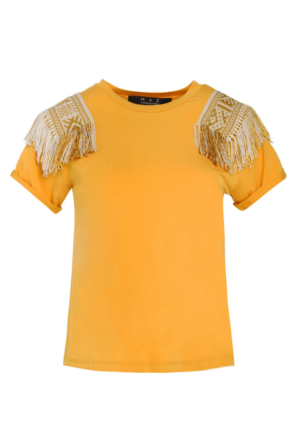 CHUMBRE FRINGES T-SHIRT IN MUSTARD / IVORY GOLD SHOULDERS