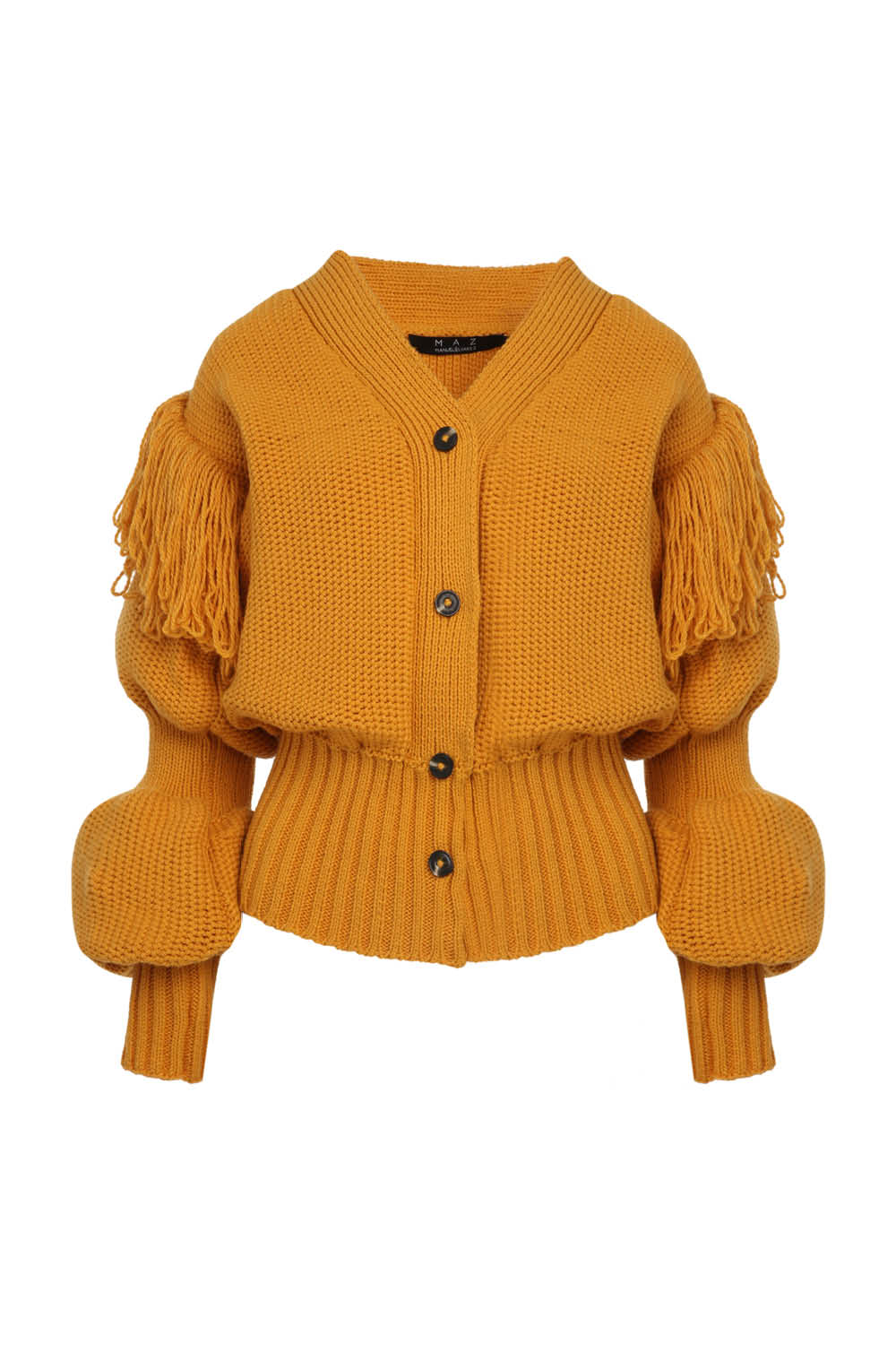 FRINGES POUF SLEEVE CARDIGAN IN MUSTARD