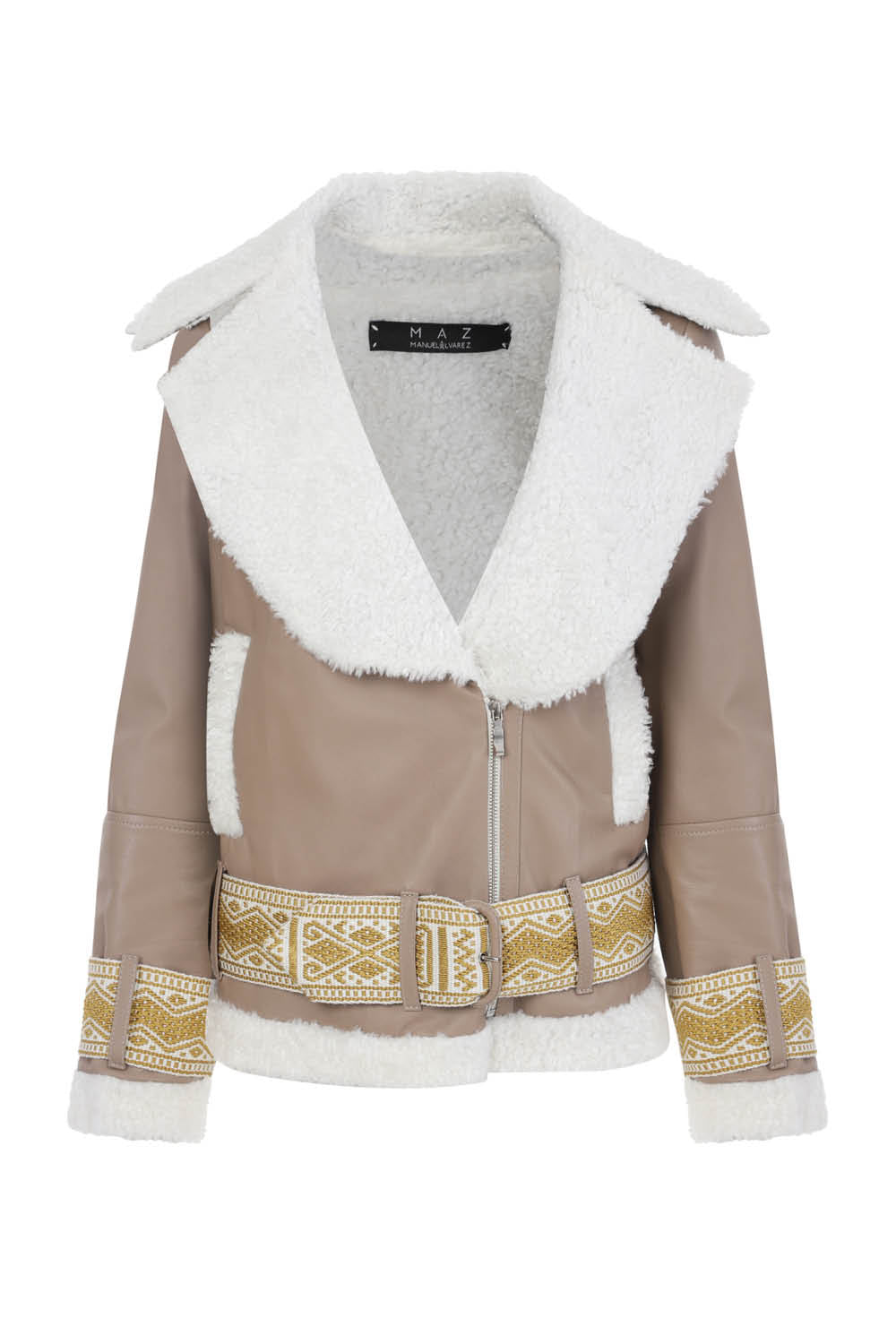 LEATHER CHUMBE JACKET IN SAND / IVORY GOLD HANDCUFFS AND BELT