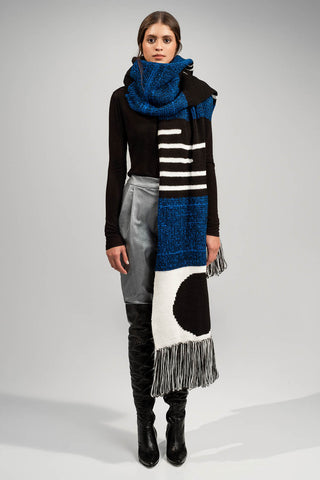 HAND WOVEN MOON SCARF IN BLACK/BLUE/IVORY