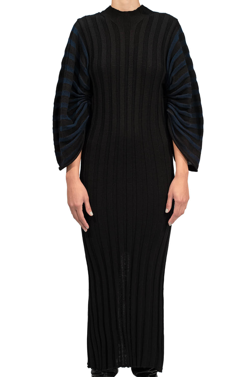 TWO TONE KNITTED RIBBED DRESS BLACK/BLUE